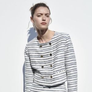 NWT Zara Navy White Stripped Golden button Sailor cropped Blazer SZ S